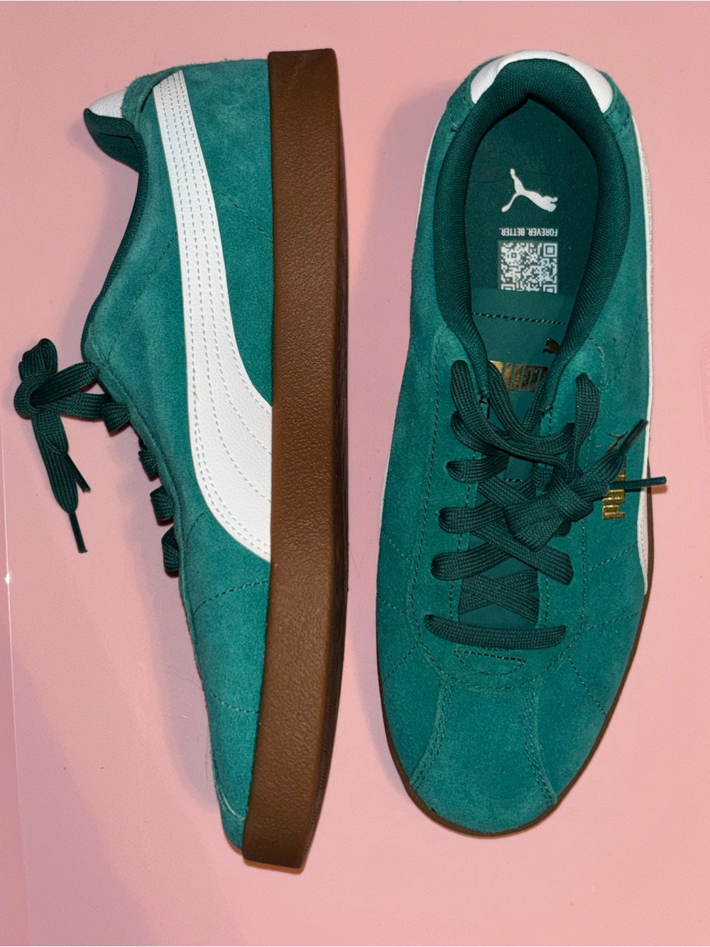 Puma Men's Teal Suede Sneakers with White Formstrip and Brown Sole